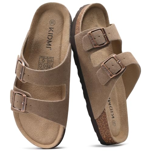 Detalle de KIDMI Women Vegan Sandals Arch Support Cork Footbed Slide, Mocha 5