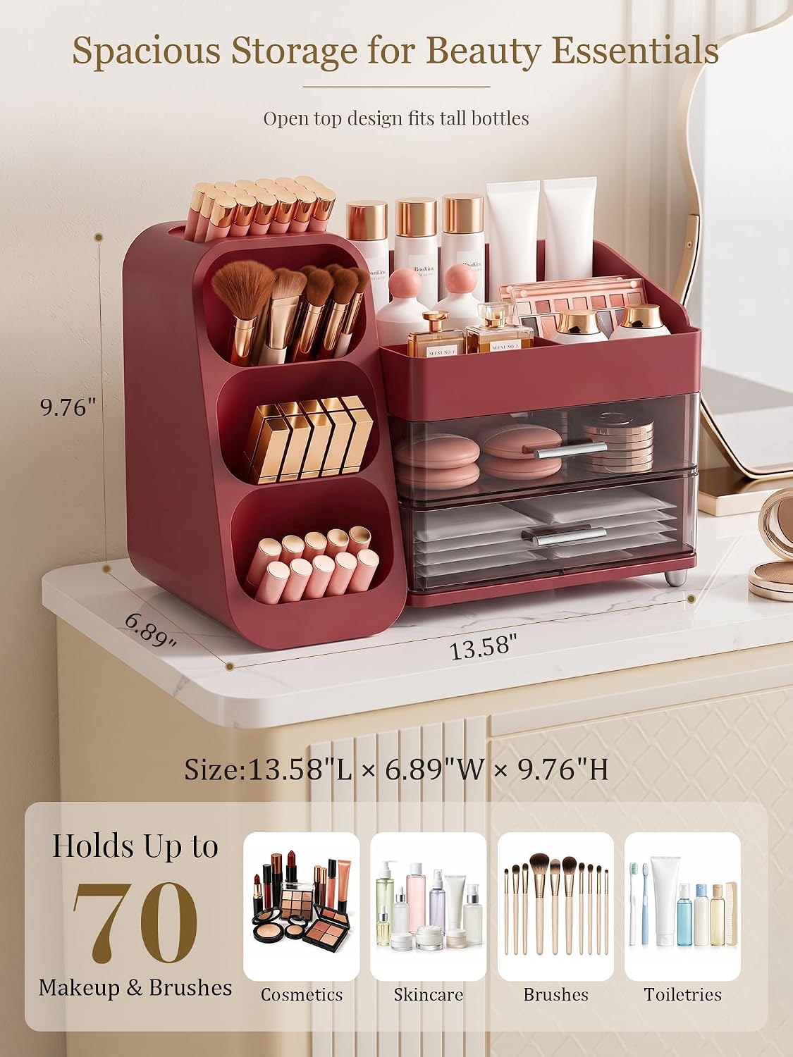 Detalle 2 de Red Makeup Organizer with Drawers 6‑Compartment