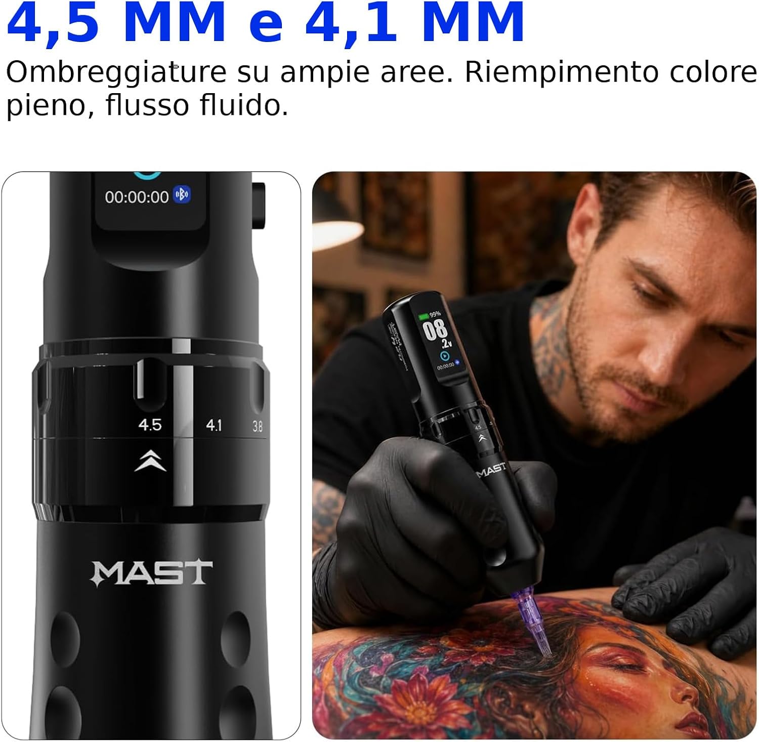 Detalle de Mast Tattoo Flip4 Pro macchina per tatuaggi senza fili, 7 corsa (2,5–4,5 mm) con batteria 2000 mAh