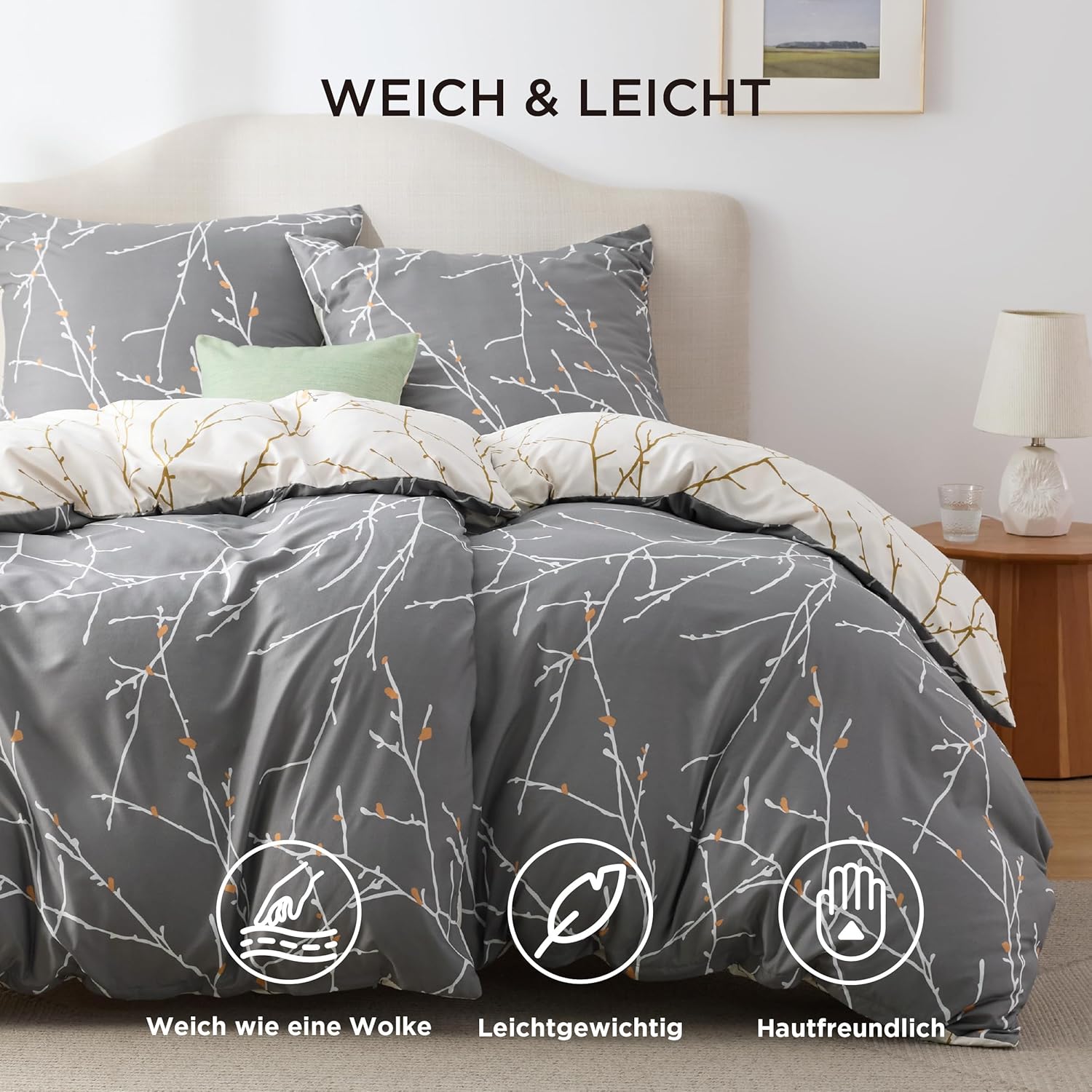 Detalle 2 de BEDSURE Bettwäsche 135x200 Zweige Grau