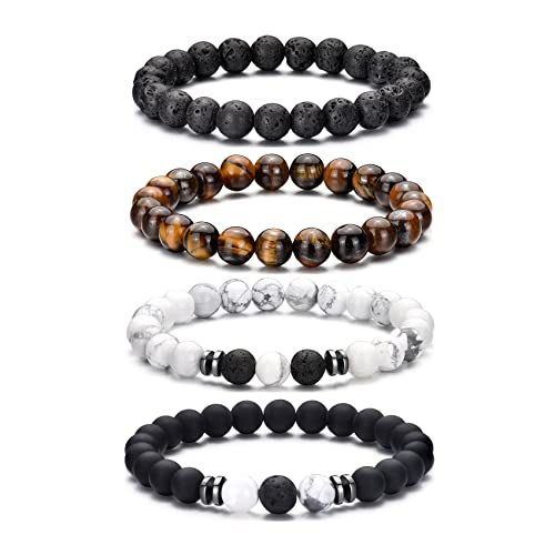 Detalle de RANKEEF Tiger Eye Bracelet Set for Men – 8mm Natural Stone Beads, Lava Rock & Black Crystal, Adjustable Unisex Gift
