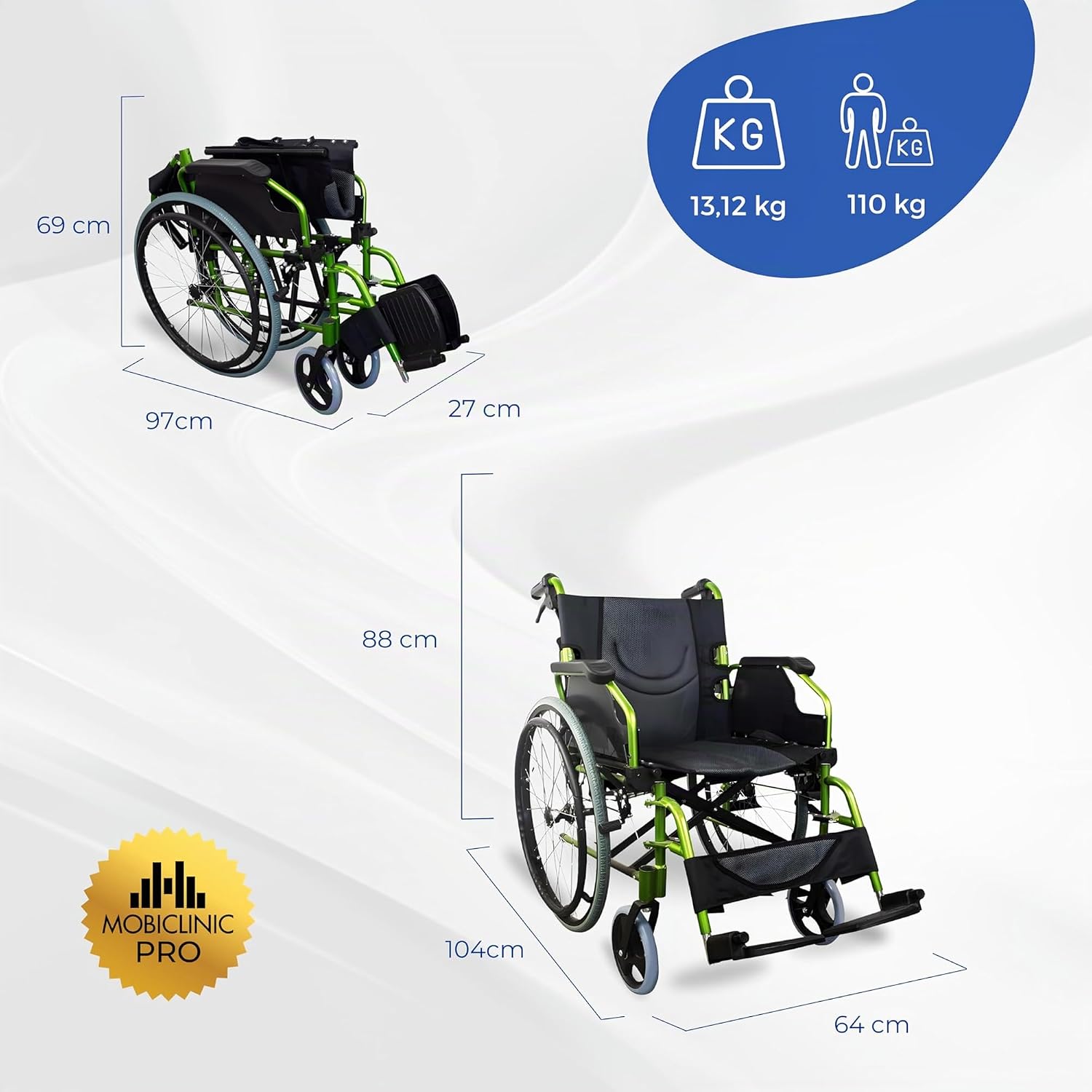 Thumbnail 1 de Mobiclinic Bolonia — Fauteuil roulant pliable et léger en aluminium, dossier fendu et accoudoirs rabattables, vert
