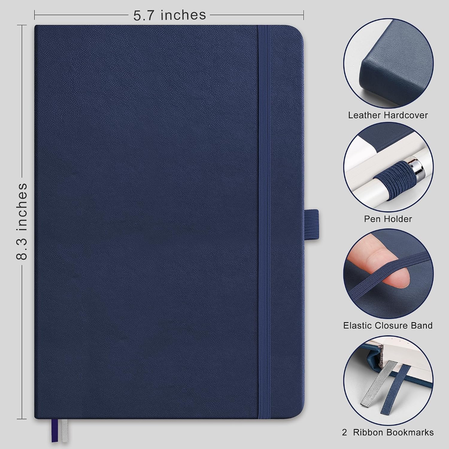 Detalle de RETTACY A5 Lined Journal Notebook, 192 Numbered Pages, 100 GSM Paper, Navy Blue