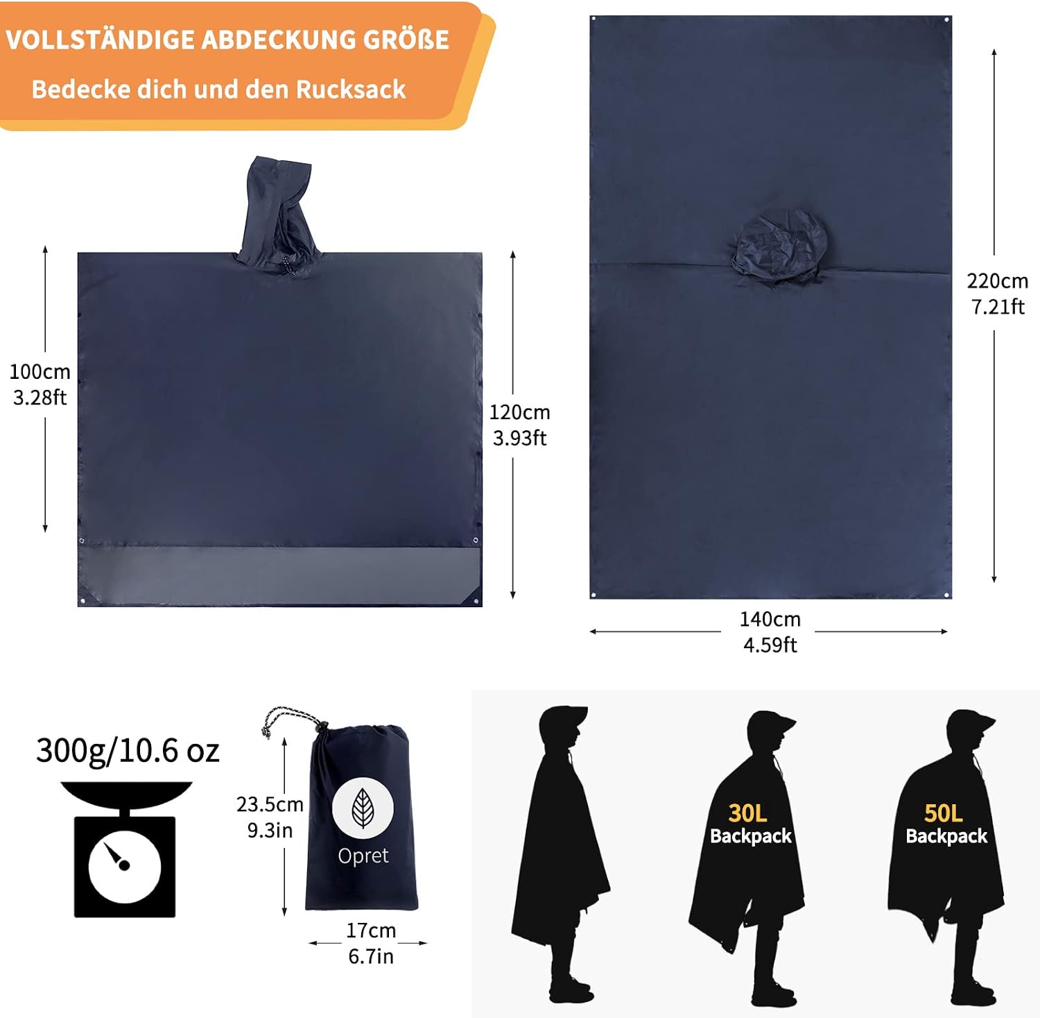 Detalle de Opret Wasserdicht Regenponcho – 3-in-1 Multifunktional, Navyblau, 210T Polyester mit PU-Beschichtung