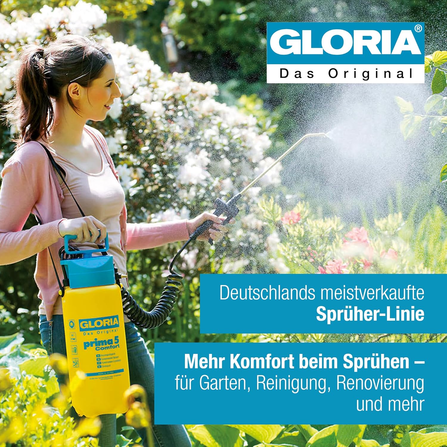 Thumbnail 1 de GLORIA Drucksprüher prima 5 Comfort – 5 L Gartenspritze mit Spiralschlauch und Kompressoranschluss