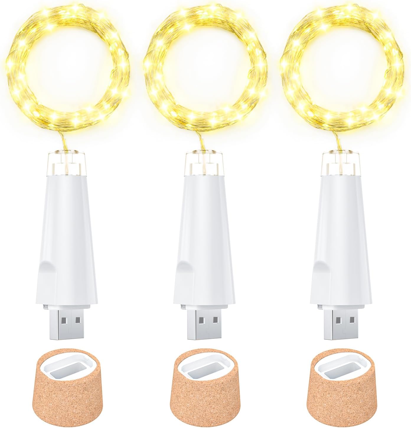 Detalle de Ceepko Luci Bottiglia USB ricaricabile con sughero e filo di rame, 20 LED – Bianco caldo, 3 pezzi