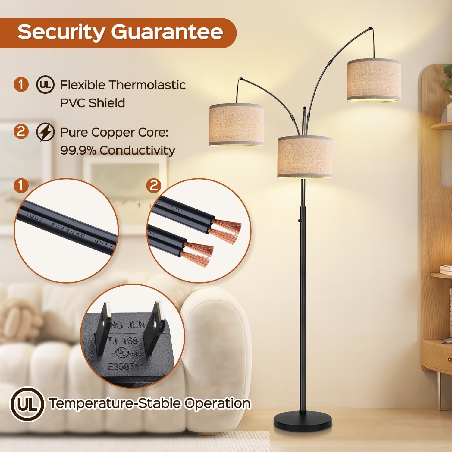 Detalle de Nintiue Dimmable 3-Light Arc Floor Lamp with Beige Shades (E26, 1000LM, 203cm)