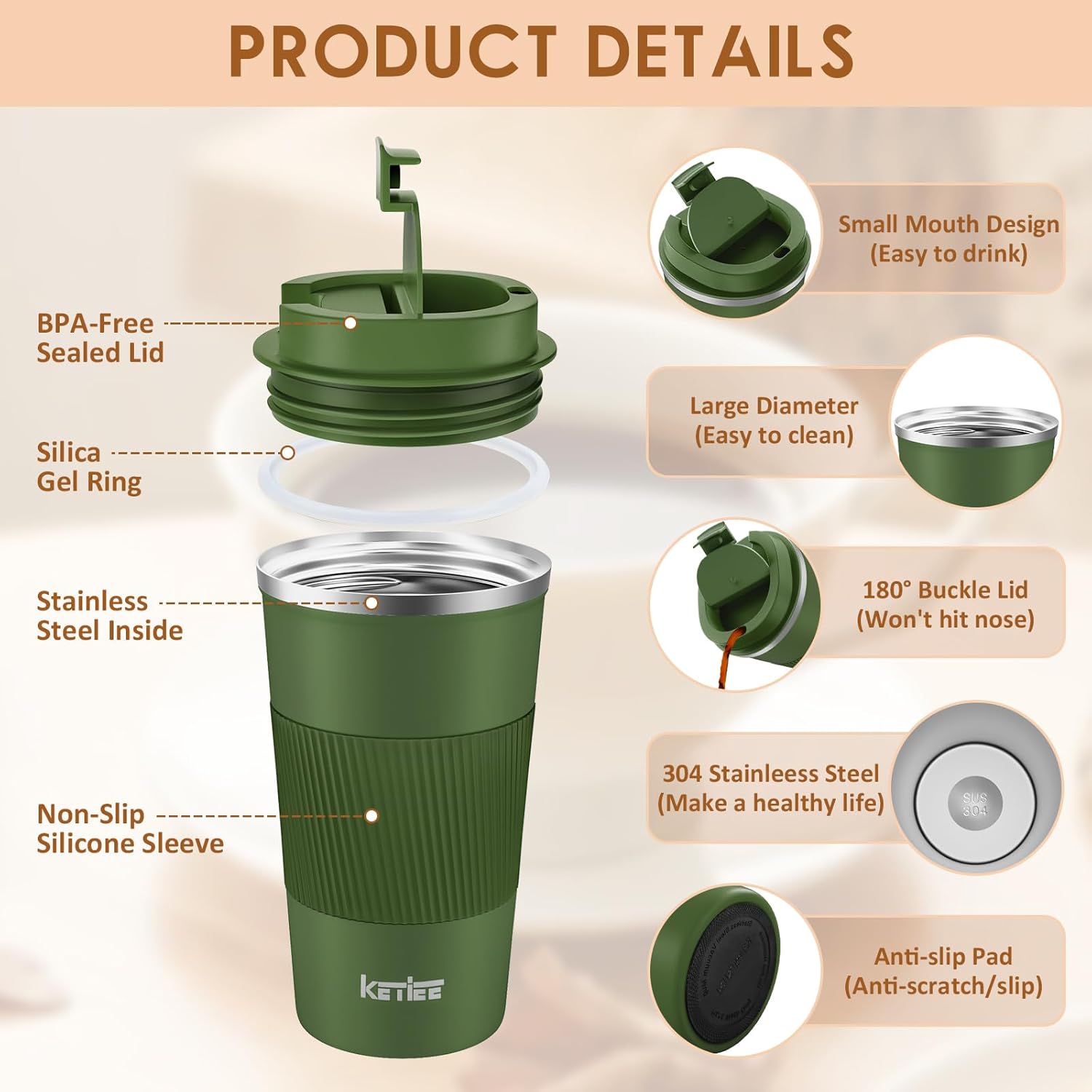 Thumbnail 1 de KETIEE Kaffeebecher to go (510 ml) – vakuumisolierter Thermobecher mit auslaufsicherem Deckel, olivgrün