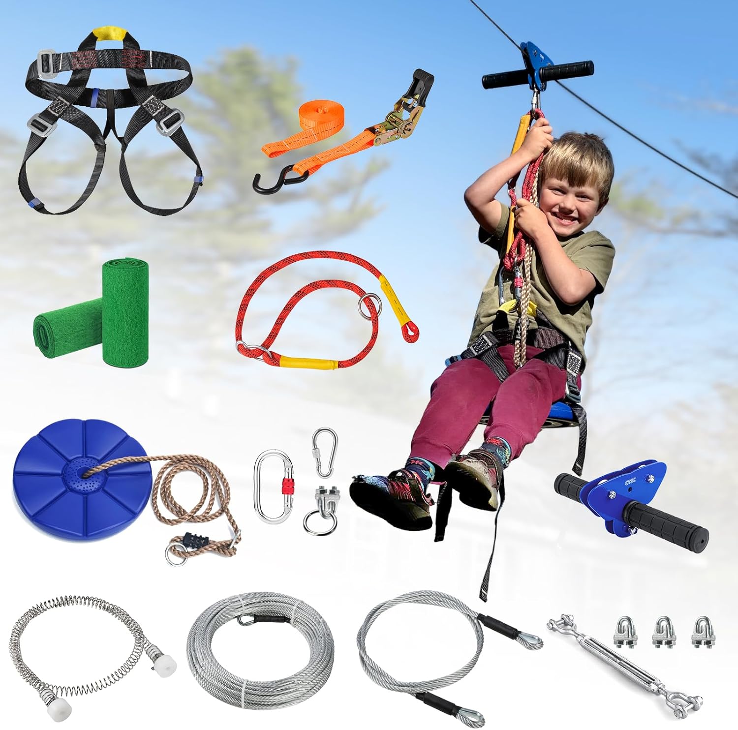 Detalle de Zipline for Kids and Adults: All-In-One Backyard Zip Line Kit with Safety Harness and Deluxe Accessories