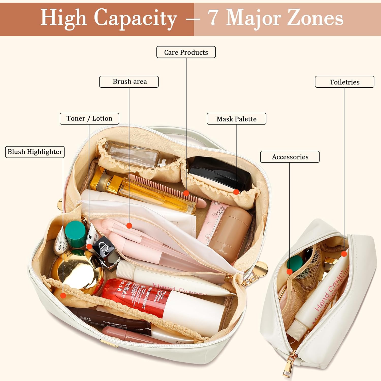 Thumbnail 3 de CLOUDWINGS Personalized Initial Makeup Organizer Bag Set for Women & Teen Girls (Beige) — Open-Flat Travel Cosmetic Bags