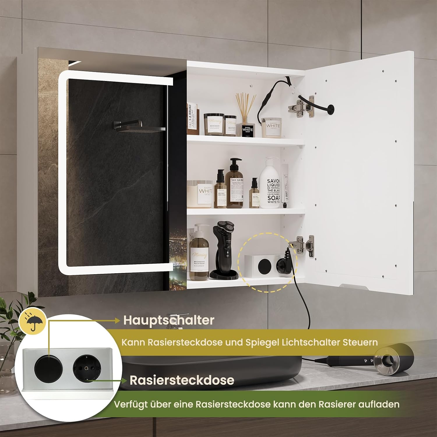 Thumbnail 5 de DICTAC Spiegelschrank Bad mit Beleuchtung und Steckdose – Doppeltür, verstellbare Regale, 70x16x60 cm, Weiß