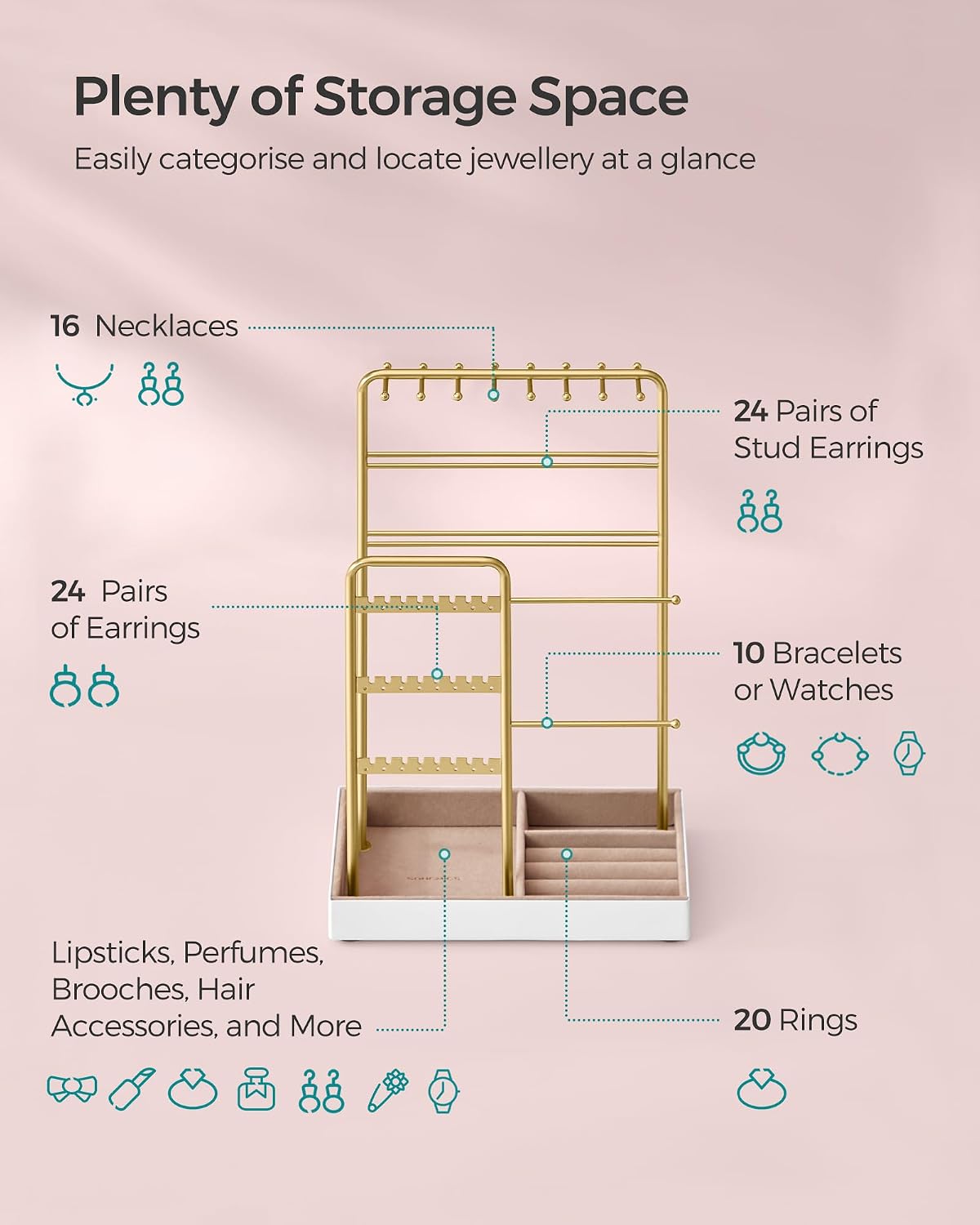 Thumbnail 3 de SONGMICS JJS021A01 Jewellery Stand – metal frame velvet tray organiser for earrings, bracelets and long necklaces