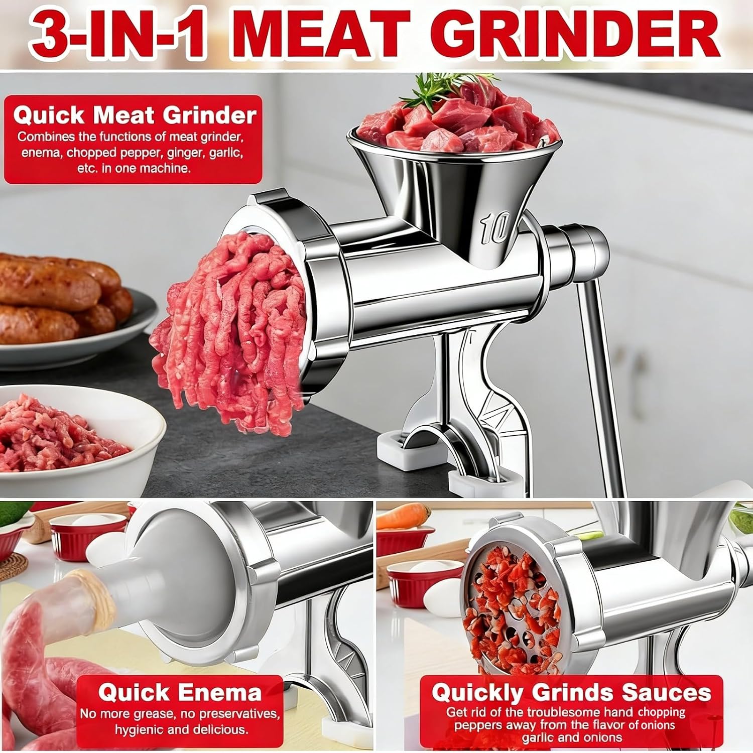 Thumbnail 1 de Manual Meat Mincer and Sausage Stuffer with Clamp – Handy Hand-Operated Kitchen Helper