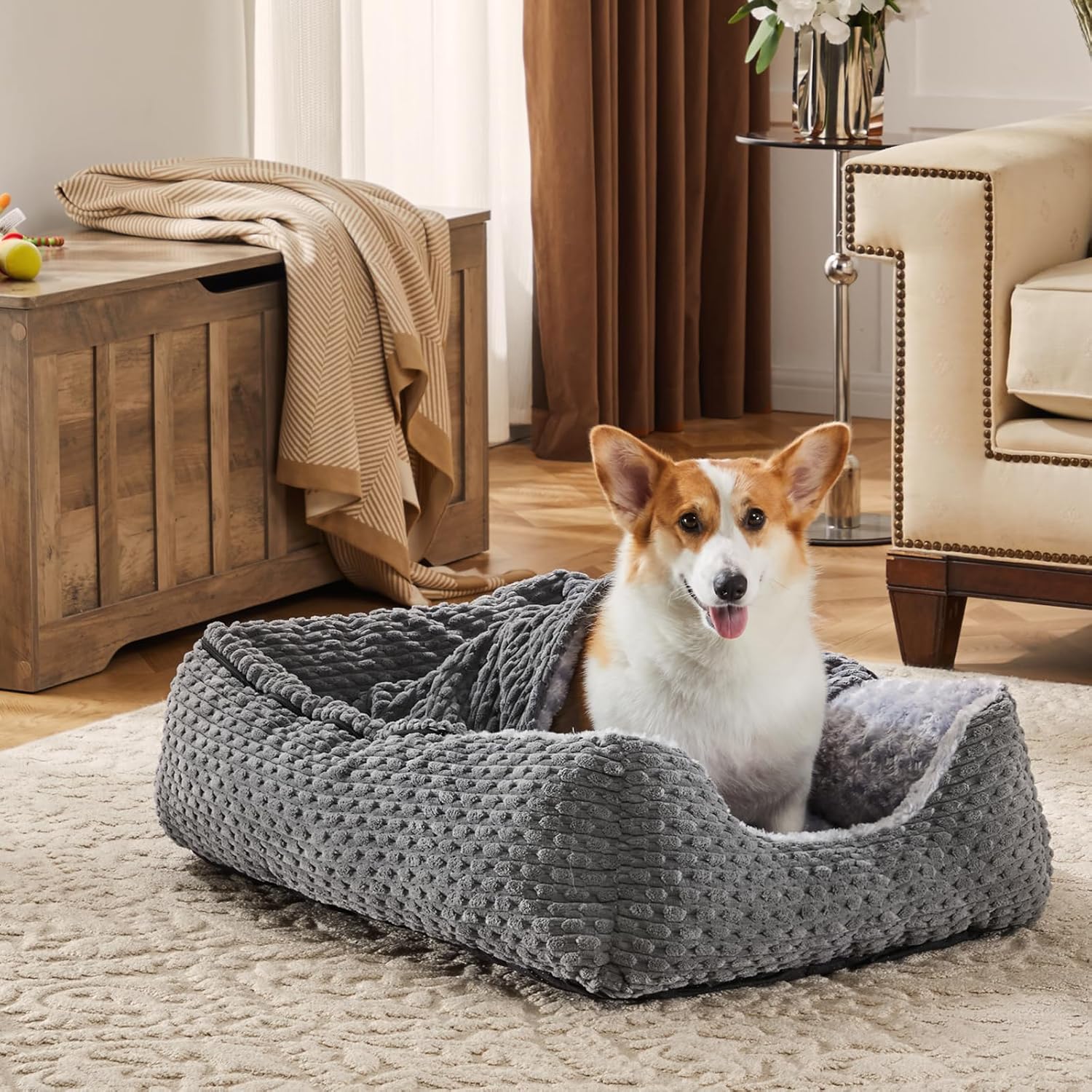 Detalle 2 de Heymamba Extra Large Rectangle Hooded Dog Cave Bed (Grey) 90x65x23cm