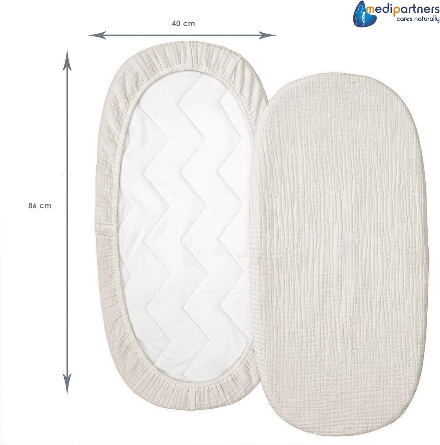 Detalle de Medi Partners Drap Housse Nacelle 86x40cm – Lot de 3 (Beige/Blanc/Gris) en coton mousseline 140 g
