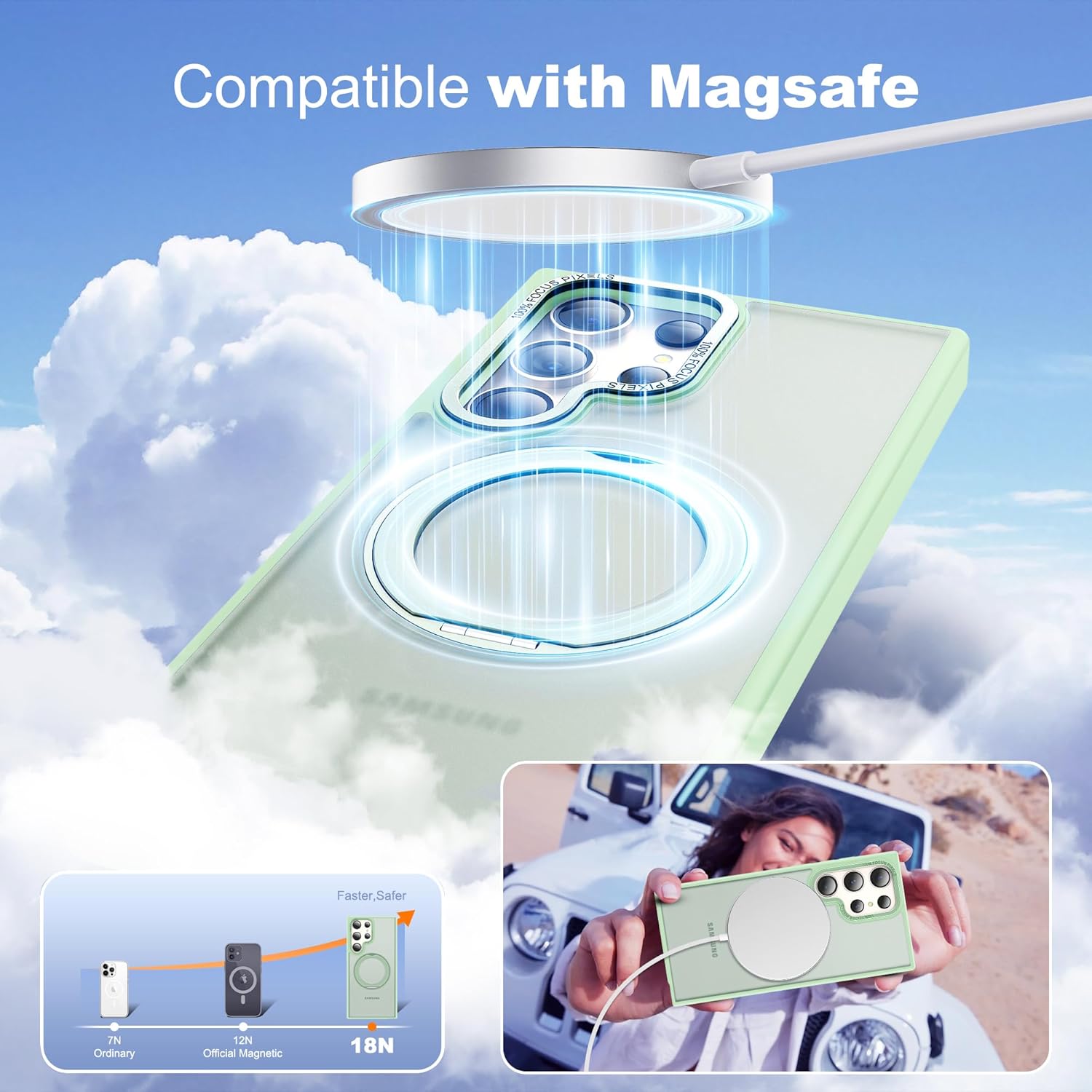 Detalle de Zalinbo 360° Rotatable Magnetic Ring Stand Case for Samsung Galaxy S24 Ultra (6.8", Green)