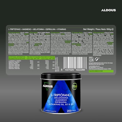 Detalle 2 de Aldous Bio 200 Cápsulas: Triptófano con Melatonina, Magnesio y Vitaminas + Espirulina para Sueño y Descanso