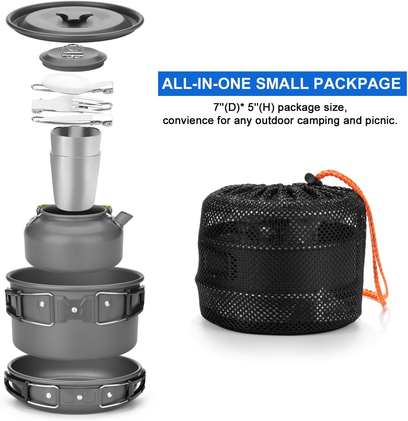 Detalle 2 de Odoland Geschirr-Set für 1–2 Personen – 10-teiliges Kochset fürs Camping (faltbare Griffe, Aluminium, Tragetasche)