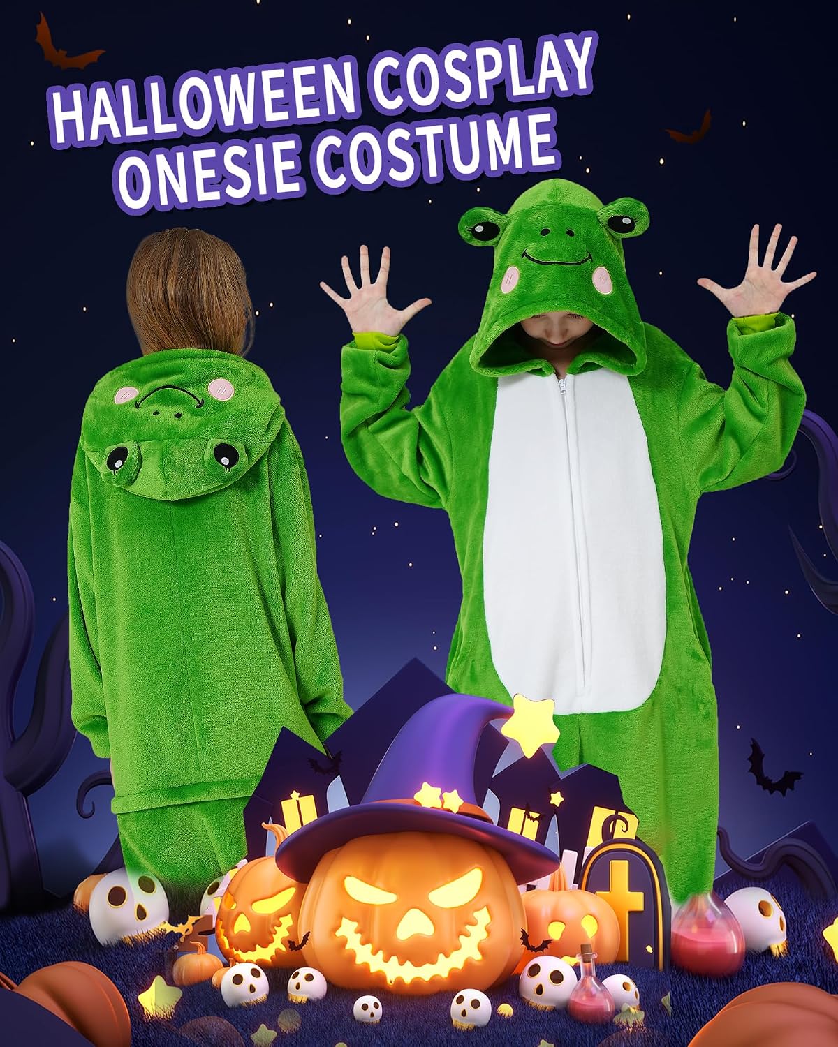 Thumbnail 1 de Dxilm Kids Frog Onesie Costume, Flannel Pajamas with Front Zipper and 3D Tail
