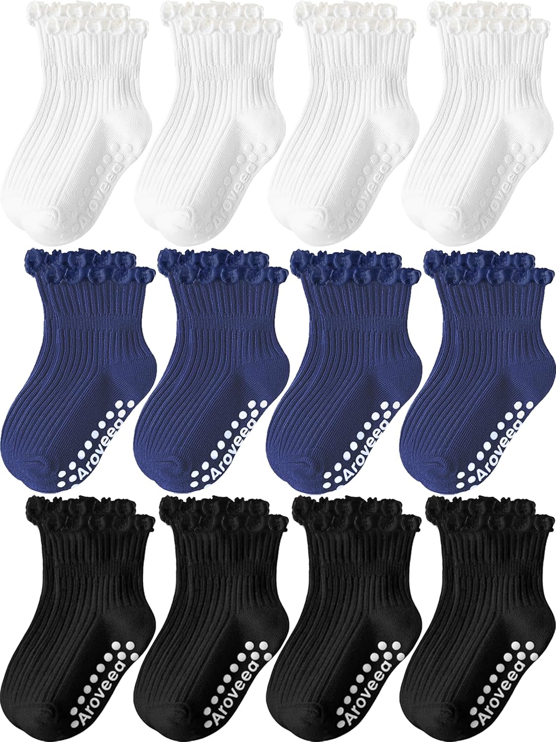 Aroveea Baby Toddler Girls Socks Grip Ruffle Non Slip – 12 Pack, Cotton Comfort & Safe Traction