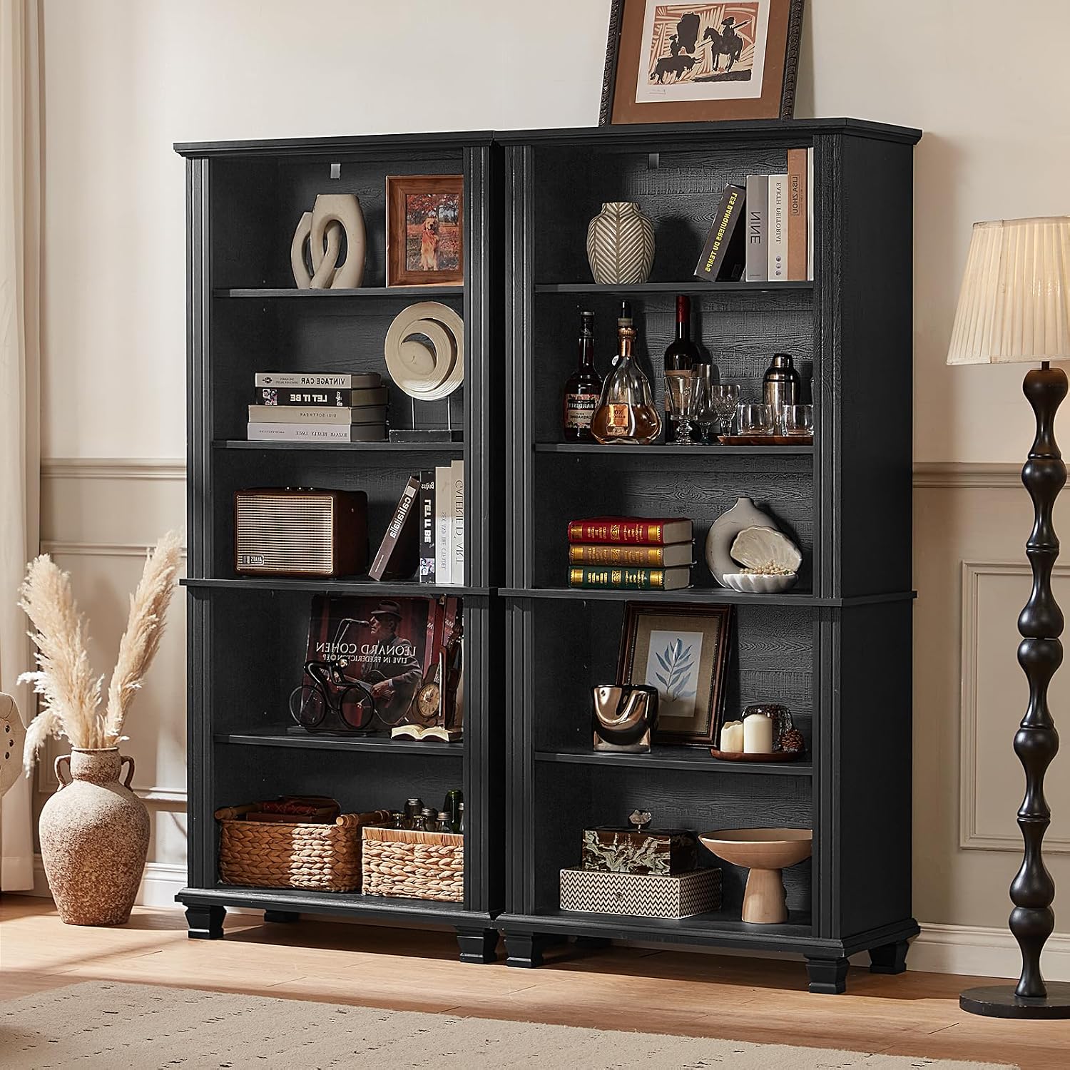 Detalle de SAVOR LIFE black tall bookshelf, 5-Tier Black Bookcase with Adjustable Shelves