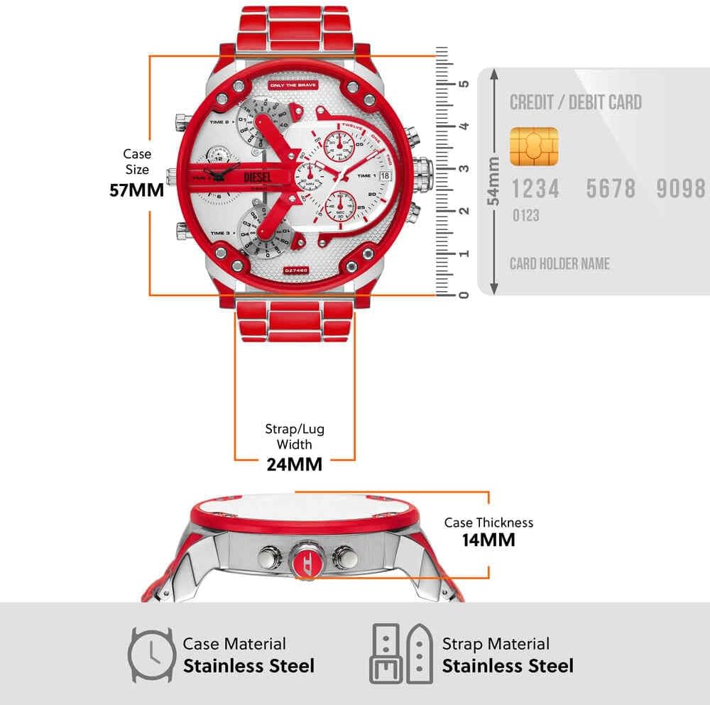 Thumbnail 6 de Diesel Mr. Daddy Herrenuhr – Quarz Multifunktionsuhr mit Edelstahlarmband (57 mm, rotes Band)