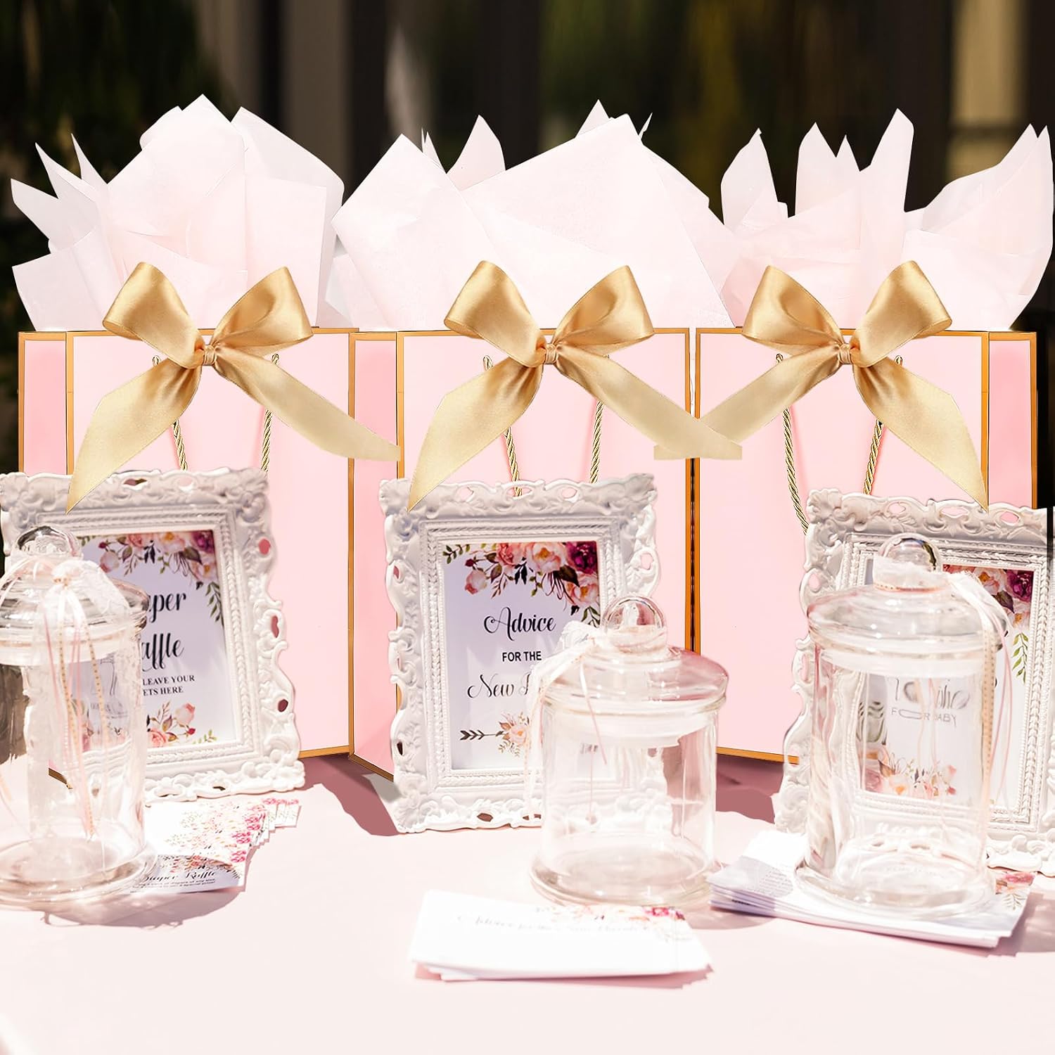 Detalle de ZJHiome Gift Bags for Presents (2-pack) – Medium Pink & Gold Paper Gift Bags with Bow, Tissue & Cards