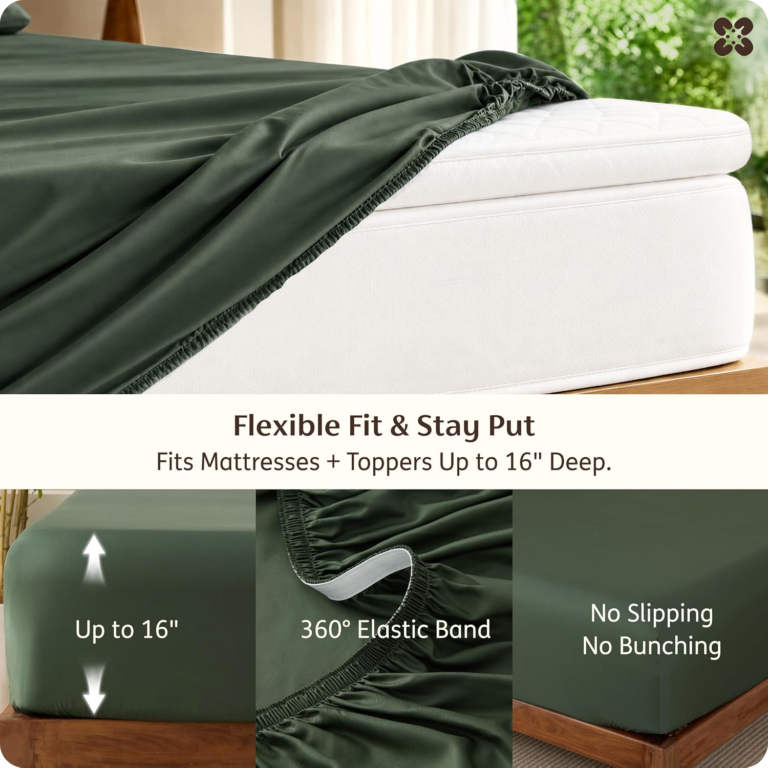 Detalle 1 de Bedsure King Bamboo Rayon Sheet Set, 4-Piece, Olive Green, 16-Inch Pocket