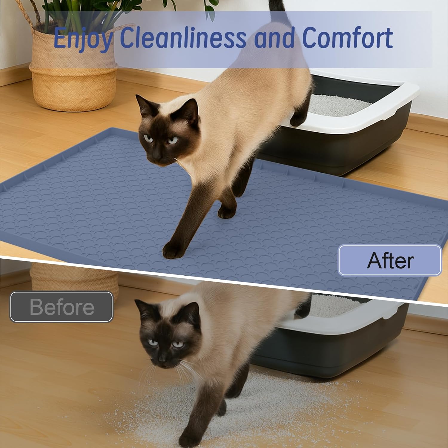 Detalle 2 de BLESWIN Large Cat Litter Mat 86 x 56cm – Silicone anti-slip, urine waterproof tray mat in dark blue