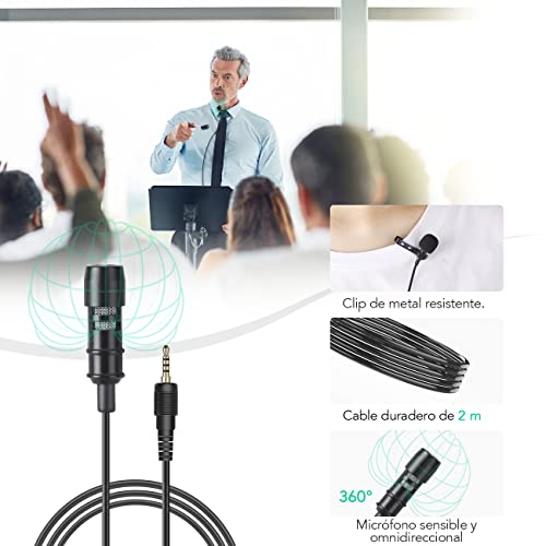 Detalle 2 de AGPTEK Z02C micrófono de solapa con parabrisas, cable de 2 m y 3 adaptadores