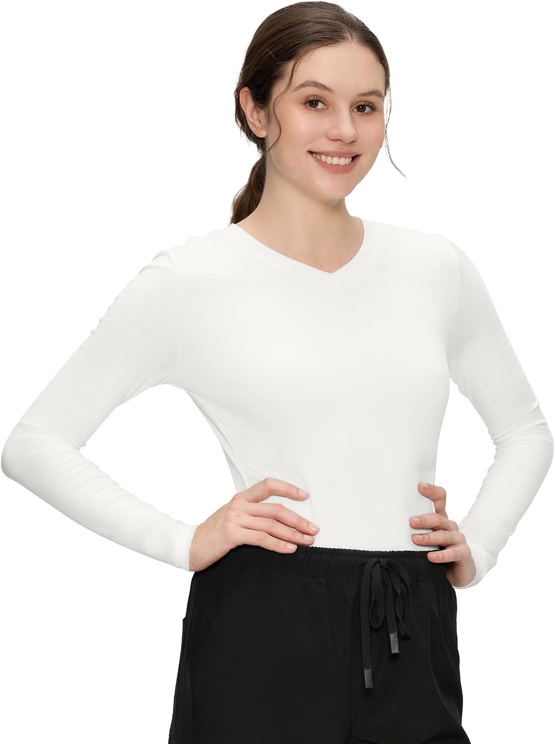 Detalle de COZYFIT Women’s V-Neck Long-Sleeve Underscrub Tee, 4-Way Stretch