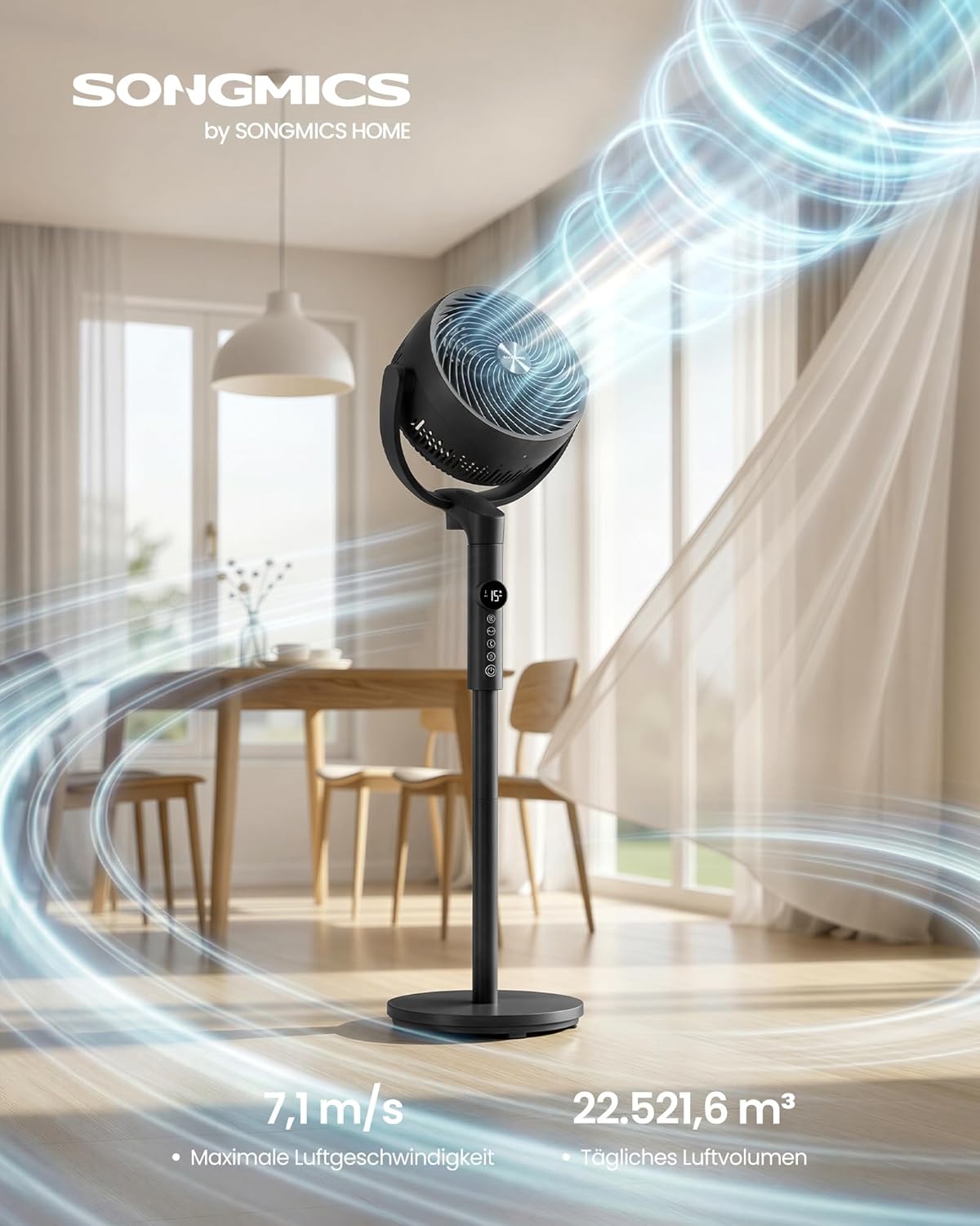 Detalle de SONGMICS Standventilator XFC002B1EU – leise, höhenverstellbar, 360° Luftzirkulation