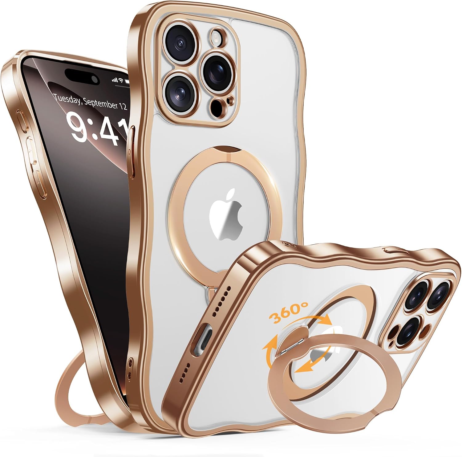 Detalle de GOLBINBOX for iPhone 15 Pro Case with 360° Magnetic Stand Ring (MagSafe, Military Protection) - Rose Gold/Clear