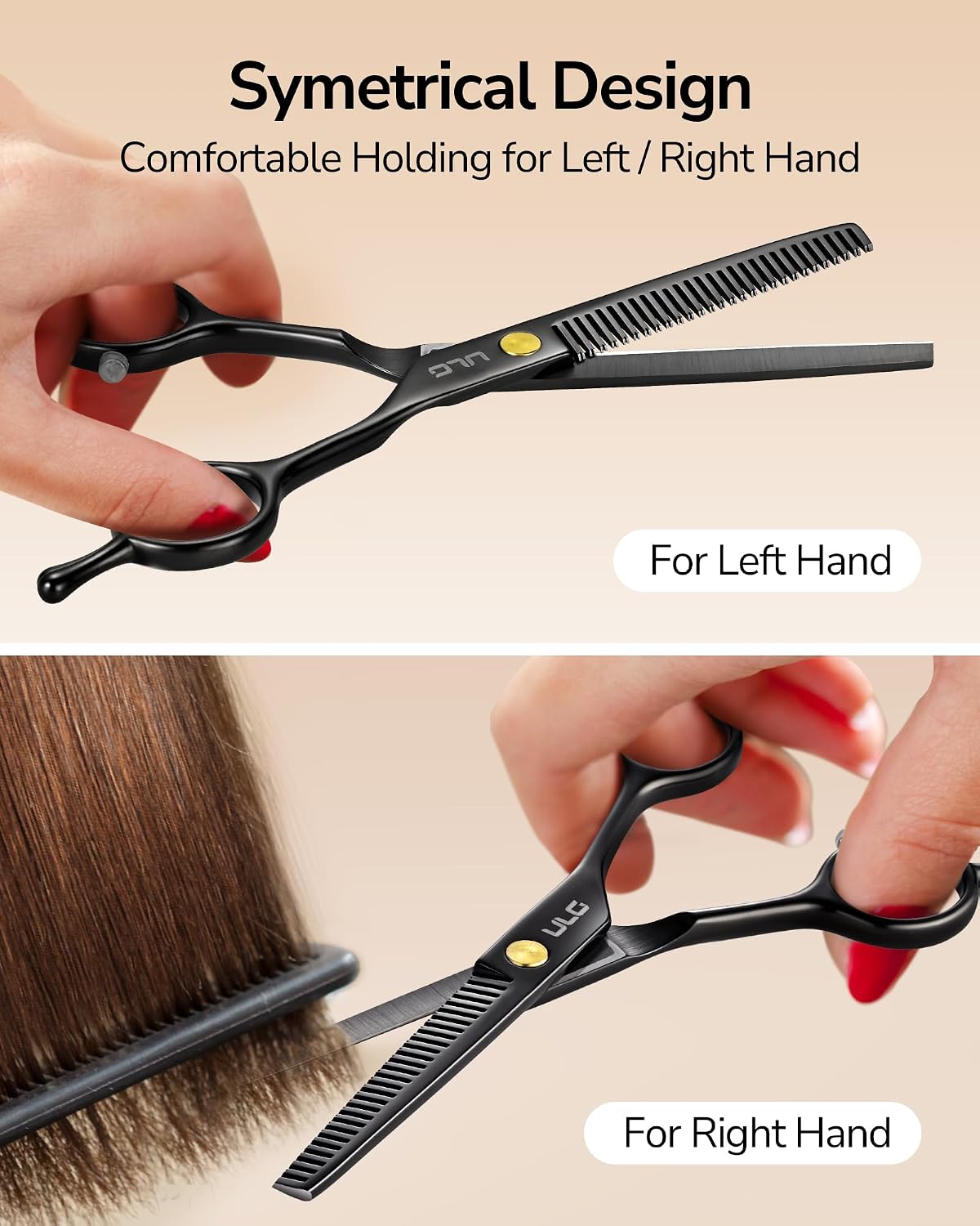 Detalle de ULG 16.5 cm thinning shears (Japanese stainless steel) – Ultra sharp barber scissors for right-hand use – Black