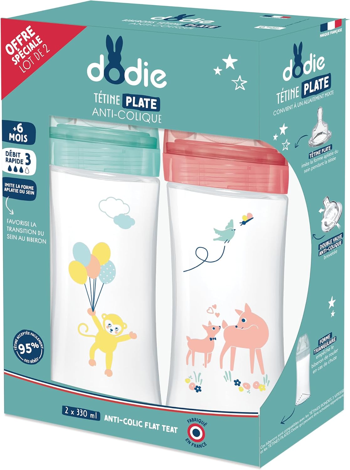 Thumbnail 6 de Dodie Biberon Anticolica Sensation+ Bambino 330 ml (dai 6 mesi) con tettarella piatta e flusso medio-grande, confezione da 3