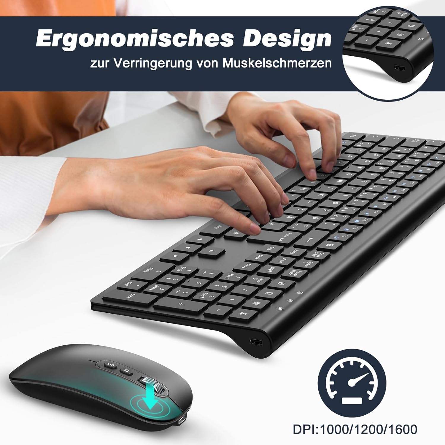 Thumbnail 3 de cimetech Tastatur-Maus-Set kabellos (ultradünn, wiederaufladbar) mit QWERTZ-Layout für Windows & mehr – Schwarz