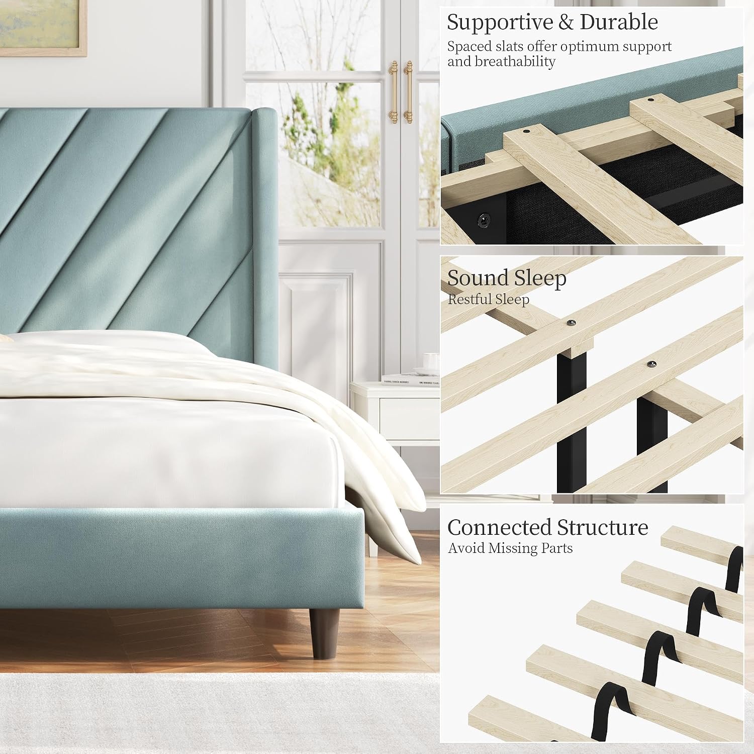 Thumbnail 6 de Yaheetech YT-00143653 Queen Bed Frame, Blue Lake Velvet Chevron Headboard