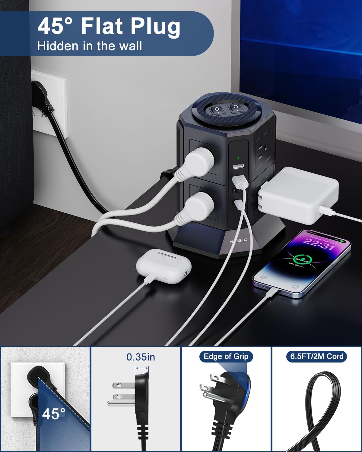 Detalle de Surge Protector Tower 8 AC 4 USB Ports 6.5 ft ๐ชซ
