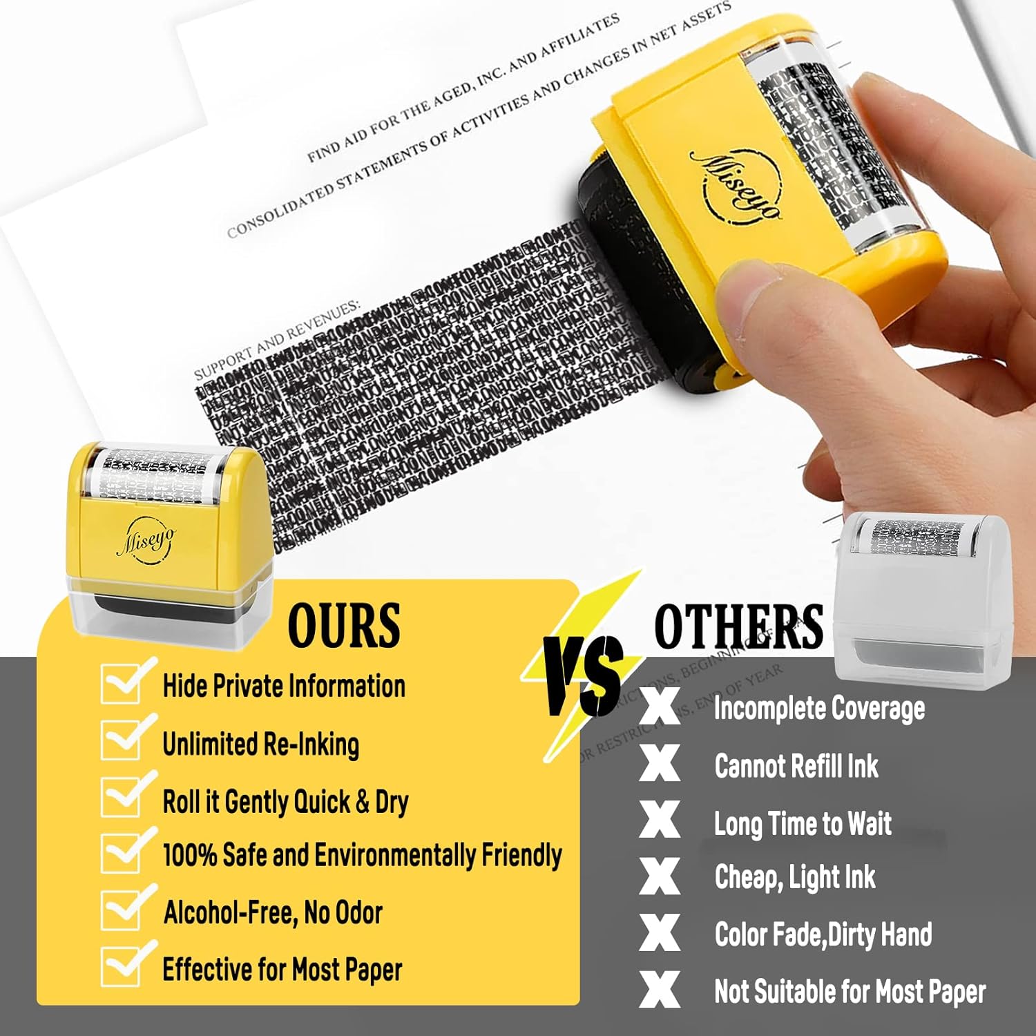 Thumbnail 6 de Miseyo Breites Datenschutz Rollstempel-Set „Identitätsdiebstahl-Prävention“ (Gelb) inkl. 3 Nachfülltinten