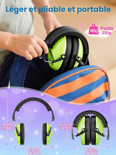 Detalle de Dr.meter Casque Anti Bruit Enfant – SNR 27 dB, régleable et pliable, couleur Verte