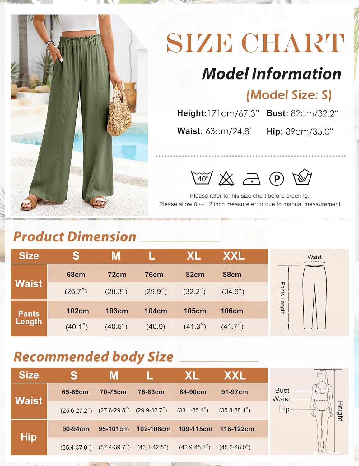Detalle de Niwicee Pantalon fluide femme en lin et viscose, taille haute élastique, coupe droite ample avec poches (pantacourt)