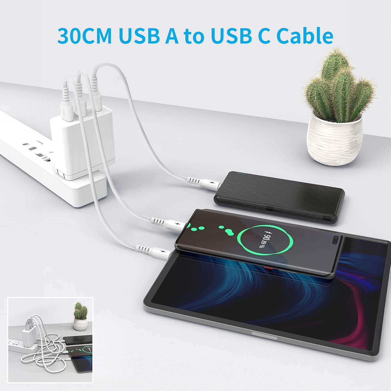 Thumbnail 2 de Acecene 30cm USB C Charger Cable Short – 5 Pack (USB A to USB C) in White