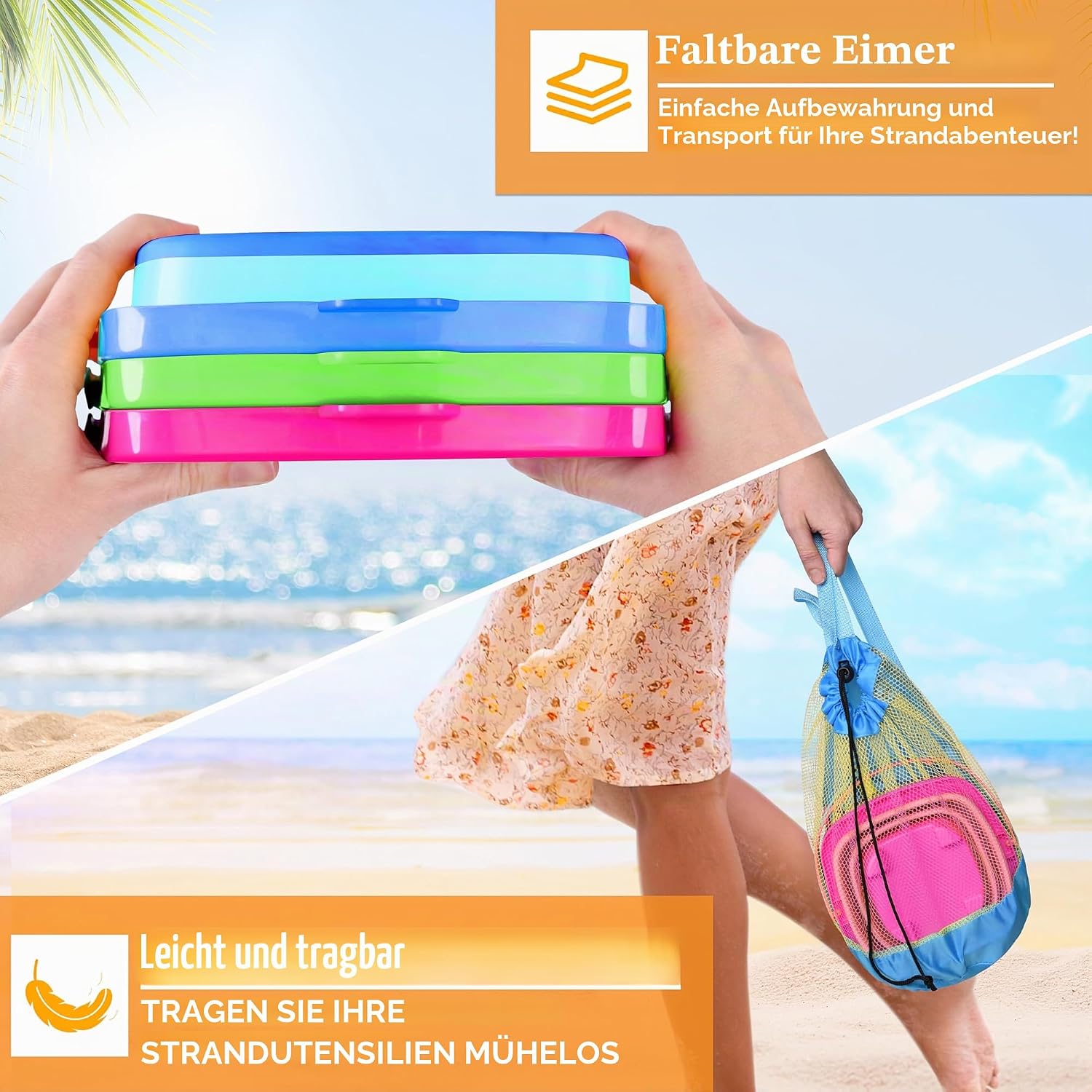 Detalle de Sloosh 3er Pack faltbare Eimer mit Schaufeln – quadratische Sandkasten-Container blau/rosa/grün