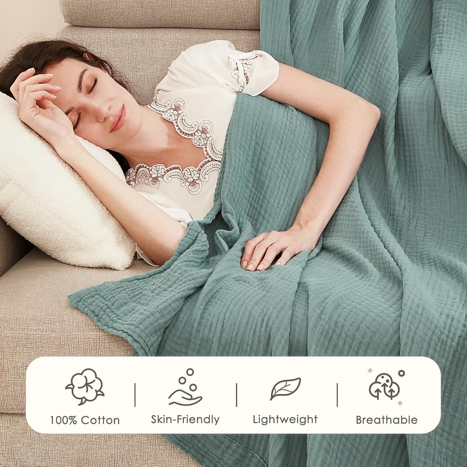 Detalle 2 de EMME Cotton Blanket Queen Size 90x90 — Soft, Lightweight Muslin Bed Blanket