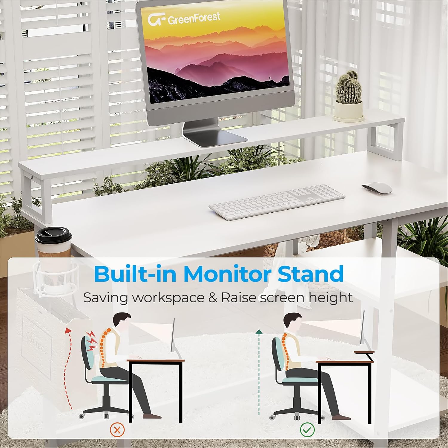 Thumbnail 3 de GreenForest computer desk with full monitor stand, 100 cm home office setup in full white