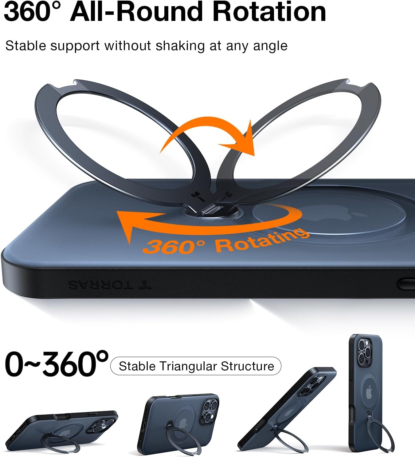 Detalle de Torras 360° Spin Magnetic Stand Case for iPhone 16 Pro Max (MagSafe) – 12FT shockproof, black