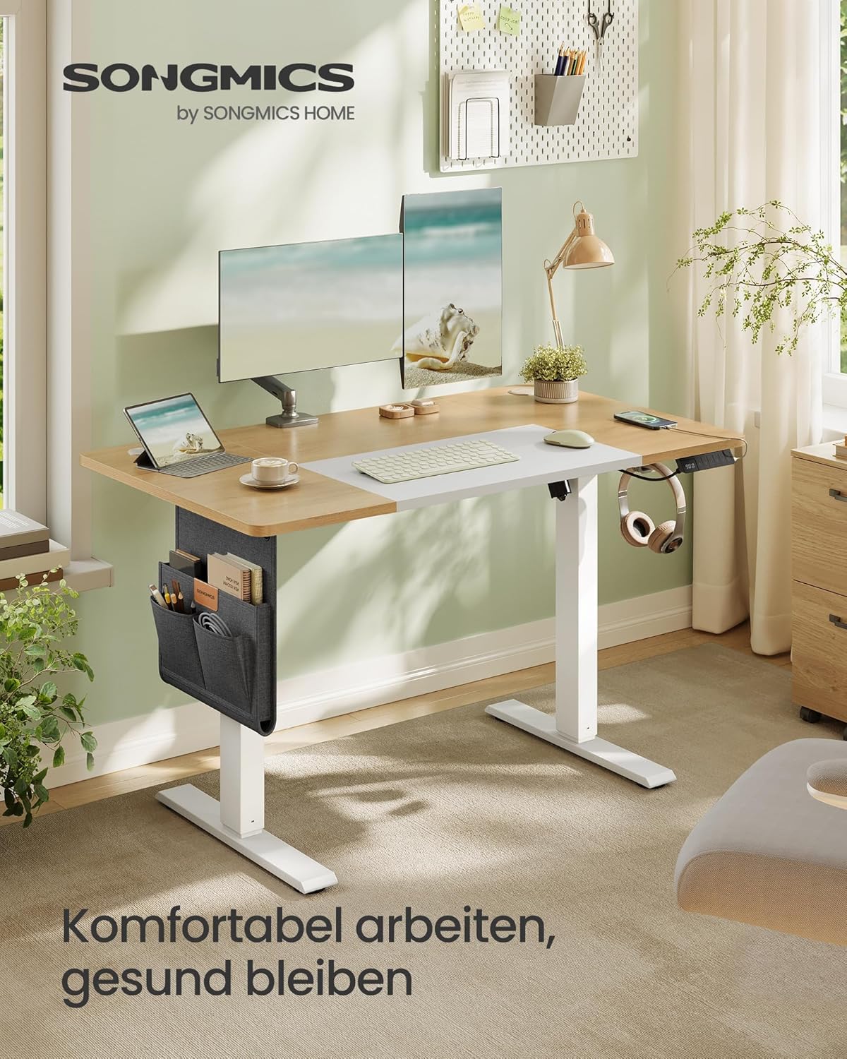 Thumbnail 3 de SONGMICS Höhenverstellbarer Schreibtisch LSD015N01 – 120 × 60 cm, elektrisch, 4 Speicherhöhen, natureichenfarben-mattweiß