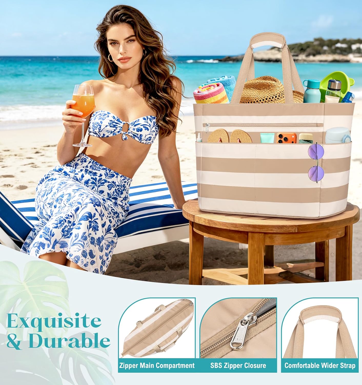 Detalle de ENONEO Bolsa de Playa Grande XXL con Cremallera 55L – Impermeable y Plegable, Ideal para Vacaciones en Familia