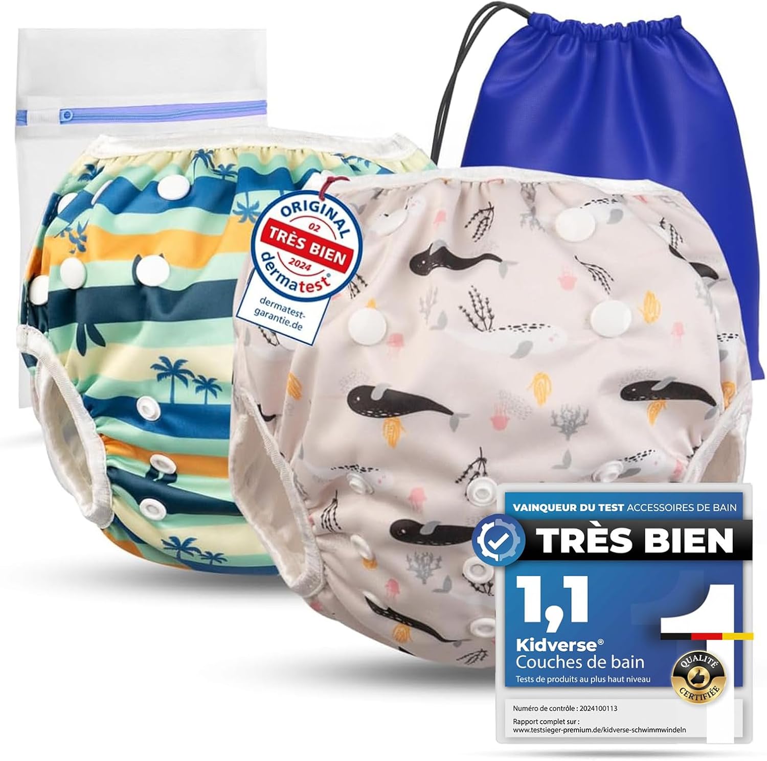Detalle de KIDVERSE 2er Set Schwimmwindel Baby (0–3 Jahre) – wiederverwendbar, hautfreundlich mit Tasche & Wäschenetz