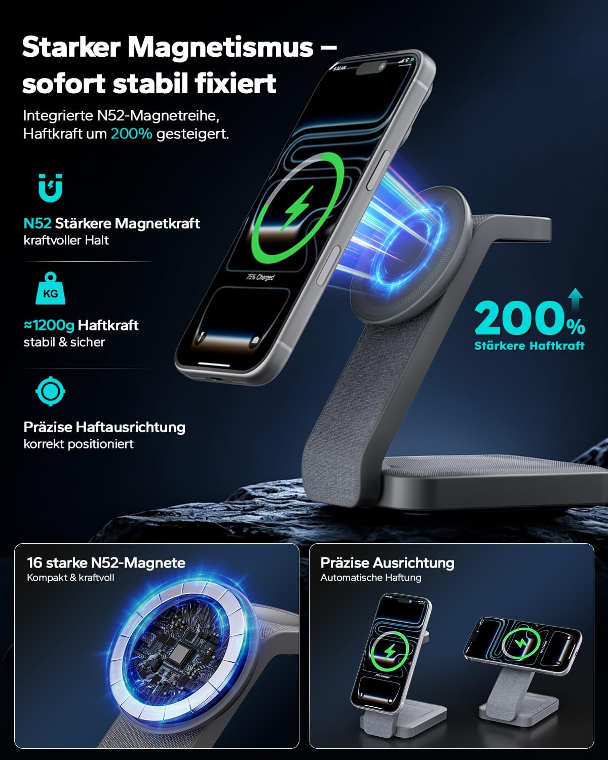 Detalle de Eazpower MagSafe Ladestation 3‑in‑1 faltbar für iPhone und Apple Watch